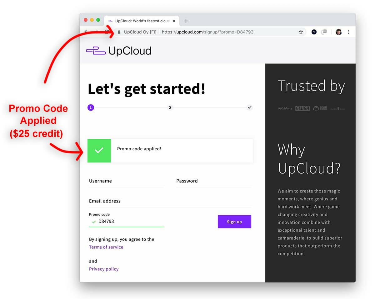 UpCloud Signup Page.