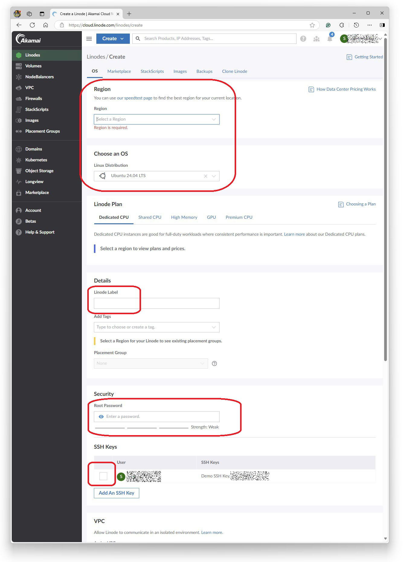 linode region, and ssh key